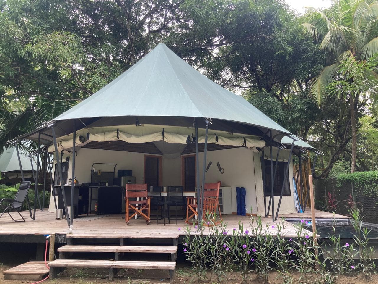 A BaliBala luxury safari tent, its deck and plunge pool open to the flowering garden